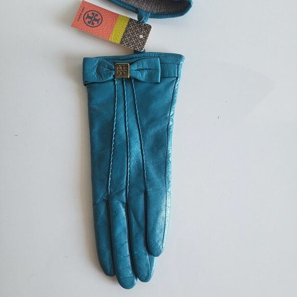 Tory Burch Women's Teal Green Leather Bow Pleated Gloves Size 6.5 - Picture 4 of 10
